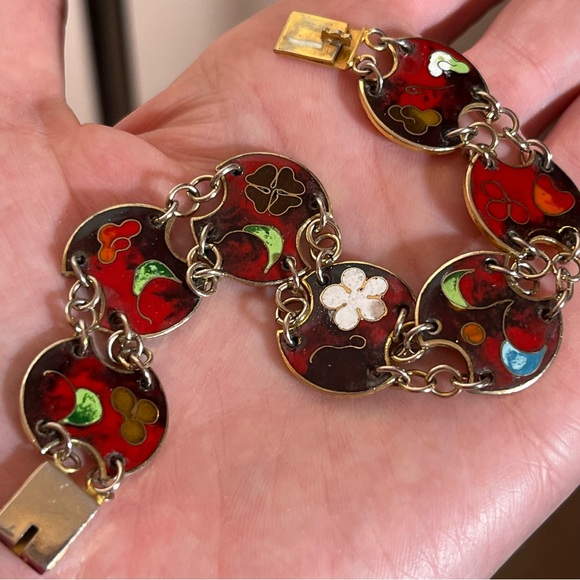 Vintage 60 70 Bohemian Red Enameled Double link made in Taiwan Mod MCM Bracelet - Picture 3 of 16